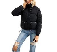 FeMereina Women's Winter Hooded Puffer Jacket Oversized Long Sleeve Stand Collar Zip Up Quilted Short Down Coat with Pockets (Black, L)