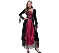 FeMereina Womens Witch Dress, Halloween Medieval Vampire Costume Bat Sleeve Skull Lace Corset Gothic Sorceress Dresses (Red, XL)
