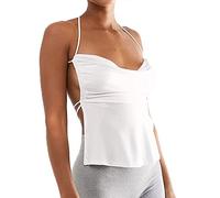 FeMereina Women's Y2K Backless Crop Tops Spaghetti Strap Low Cut Camisole Halter Lacing Up Mini Camis Top Square Neck Tank Top E-Girl Streetwear (White, S)