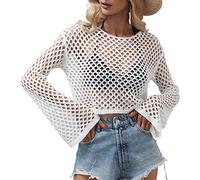 FeMereina Women's Y2k Crochet Knit Crop Top Bell Long Sleeve Hollow Out Pullover Top Knitted Beach Fishnet Cropped Shirt Streetwear
