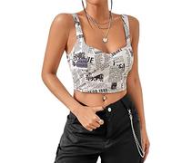 FeMereina Women's Y2K Graphic Print Tank Tops Sleeveless Backless Low Cut Newspaper Print Corset Crop Tops Harajuku Y2K Streetwear (Black White, M)