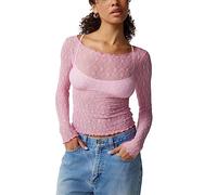 FeMereina Womens Y2K Lace Layering Top Long Sleeve Tops Sheer Mesh Crewneck Floral Embroidery See Through Shirts
