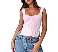 FeMereina Women's Y2k Lace Tank Tops Sleeveless Spaghetti Strap V Neck Cami Tanks Vintage Backless Crop Top 90s E-Girl Streetwear (J-Pink, S)