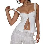 FeMereina Women's Y2k Lace Tank Tops Sleeveless Spaghetti Strap V Neck Cami Tanks Vintage Backless Crop Top 90s E-Girl Streetwear (White#1, L)