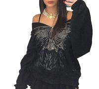 FeMereina Women's Y2k Zip Up Hoodies Long Sleeve Graphic Star Print Hooded Jacket Oversized Goth Harajuku Sweatshirt Punk Grunge Streetwear (Black#3, S)