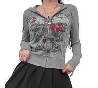 FeMereina Women's Y2k Zip Up Hoodies Long Sleeve Graphic Star Print Hooded Jacket Oversized Goth Harajuku Sweatshirt Punk Grunge Streetwear (Gray#3, S)