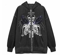 FeMereina Women's Y2k Zip Up Hoodies Long Sleeve Graphic Star Print Hooded Jacket Oversized Goth Harajuku Sweatshirt Punk Grunge Streetwear (Dark Gray White#2, XXXL)