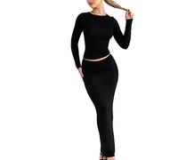 FeMereina Y2k Long Maxi Skirt Set Women 2 Piece Outfit Sexy Bodycon Long Sleeve Crop Tops Low Waist Long Skirts Outfits Summer (Black, S)