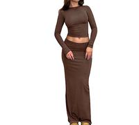 FeMereina Y2k Long Maxi Skirt Set Women 2 Piece Outfit Sexy Bodycon Long Sleeve Crop Tops Low Waist Long Skirts Outfits Summer (Brown, S)