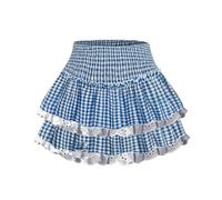 FeMereina Y2k Plaid Mini Skirt Women Ruffle Hem Pleated Flowy Micro Gingham Checkered Layered Teen Girl Costume Dress (Blue, L)