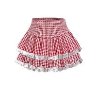 FeMereina Y2k Plaid Mini Skirt Women Ruffle Hem Pleated Flowy Micro Gingham Checkered Layered Teen Girl Costume Dress (Red, S)