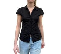 FeMereina Y2k Women Button Down Shirts Short Sleeve Collared Plaid Preppy Tops Summer Slim Fit Vintage Coquette Blouse (Black, M)