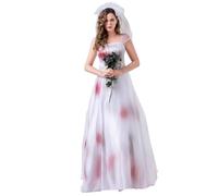 FeMereina Zombie Bloody Bride Costume for Women Corpse Dress Halloween Cosplay Party Horror Zombie Ghost Bride Cosplay Costume (White, L)