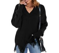 Femfady Women Sweater Fall Off The Shoulder V Neck Fringe Knit Pullover Long Sleeve Tops, Black, XL