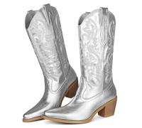 femflame Cowboy Boots For Women,Pointed Toe Embroidered Mid Calf Cowgirl Boots Pull On Zipper Chunky Heel Western Boots, Metallic Silver, 9.5