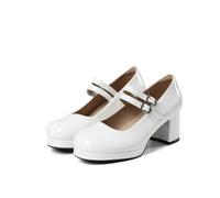 femflame Mary Jane Shoes Black Heels Women's Pumps with Double Strap Chunky Block Heels Closed Toe Heel Shoes Comfortable Dress Pumps for Casual Dating School, White, 5 UK