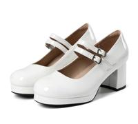 femflame Mary Jane Shoes Black Heels Women's Pumps with Double Strap Chunky Block Heels Closed Toe Heel Shoes Comfortable Dress Pumps for Casual Dating School, White, 6 UK
