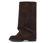 femflame Women's Fold Over Boots Slouchy Wide Calf Pleated Platform Black Boots Round Toe Chunky Stacked Riding Biker Boots Mid Calf Boots, Chocolate, 4 UK