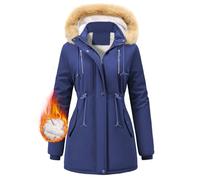 FemiChic Women Winter Coat UK Jackets Ladies Long Padded Hooded Parka with Fleece Lining Warm Thickened Windproof Outerwear Classic Drawstring(Navy,XXL)