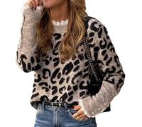 Feminine Leopard Print Long Sleeve Jumper Sweater with Lace and Button Detail Trendy Knit Pullover