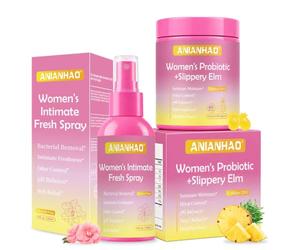 Feminine Vaginal Probiotics Gummies, Vaginal Probiotic and Moisture Gummies, Supports pH Balance & Digestive Health, Slippery Elm for Women, Vegan, with Intimate Skin Support Spary