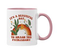 Feminist Gift Mug It's A Beautiful Day to Smash The Patriarchy Retro Floal Rainbow (Pink Mug)