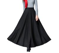 Femirah Women's Long Maxi Woolen A Line Skirt Autumn Winter Plaid Skirt - Black - Medium