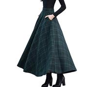 Femirah Women's Long Maxi Woolen A Line Skirt Autumn Winter Plaid Skirt (Waist: 85cm-90cm, Length: 90cm, Green Plaid)