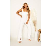 Femme Luxe Women's Thick Strap Square Neck Split Flare Leg Bodycon Jumpsuit in Cream | Size: 14 Femme Luxe Cream 14