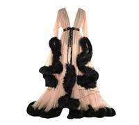 Femmes See Through Plume Tulle Robe Extra Longue Fourrure Tulle Robe De Chambre One Size,Flesh
