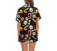 Femmes Short Pyjama Set with Halloween Print for Cosy Nights Relaxed Days, black, XS