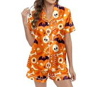 Femmes Short Pyjama Set with Halloween Print for Cosy Nights Relaxed Days, orange, XL