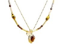 Femmorya Layered Tiger Eye Necklace for Women, Elegant Double Chain Design with Natural Stones, Autumn Winter Jewelry