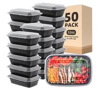 Femora 50 Pack 32 oz Reusable Meal Prep Containers with Lids - Bento Plastic Lunch Box for Food Storage, Take-Out & Meal Prep | Microwave, Dishwasher, Freezer Safe