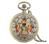 FENALNFS Pocket Watch,Pocket Clock, Retro Zodiac Pattern Pocket Watch Necklace Chain Copper Twelve Constellation Pendant Clock-Leo (Color : Gemini)
