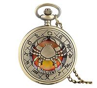 FENALNFS Pocket Watch,Pocket Clock, Retro Zodiac Pattern Pocket Watch Necklace Chain Copper Twelve Constellation Pendant Clock-Leo (Color : Cancer)