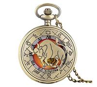 FENALNFS Pocket Watch,Pocket Clock, Retro Zodiac Pattern Pocket Watch Necklace Chain Copper Twelve Constellation Pendant Clock-Leo (Color : Taurus)