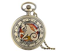 FENALNFS Pocket Watch,Pocket Clock, Retro Zodiac Pattern Pocket Watch Necklace Chain Copper Twelve Constellation Pendant Clock-Leo (Color : Capricorn)