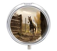Fence and Horse Pill Box 3 Compartment Small, Personalized Pill Organizer with Mirror, Portable Pill Case for Pocket Or Purse, Round Pill Containe Travel Gifts, Pill Holder