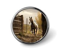 Fence And Horse Round Badge Cute Enamel Lapel Pin Brooches Button Pin Personalized Clothing Decoration Unisex Badge Holder Hats Bags Shirts Decor