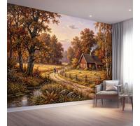 Fence Stream Classical Decoration Photo Mural 400 x 280 cm | Countryside Woods Wooden Cabin Path Non-woven Wallpaper for wall surfaces in various rooms Earth Tones Wall Mural