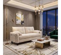 Fenchilin 2-Seater Chenille Sofa Loveseat With Pillow-Style Armrests And Side Pockets Beige