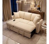 Fenchilin 3-Seater Sofa Bed With Pull-Out Sleeper L-Shaped Sectional Sofa With Storage Chaise Lounge Chenille Beige