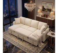 Fenchilin 4-Seater Sofa Bed With Pull-Out Sleeper U-Shaped Sectional Sofa With 2 Storage Chaise Lounges Chenille Beige