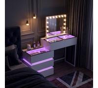 Fenchilin 5-Drawer Rgb Lighting Bedside Dressing Table With 15 Led Hollywood Mirror, 2-In-1 Vanity Makeup Station, White