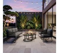 Fenchilin 5 Seater Garden Set Sofa 2 Chairs With Glass Nesting Tables Patio Lounge Set Grey