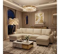 Fenchilin Chenille U-Shaped Sectional Sofa With 2 Storage Chaise Lounges, 2 Cushions 4-Seater Comfy Couch Beige