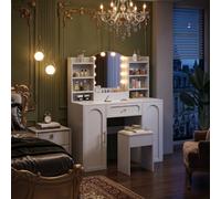 Fenchilin Dressing Table And Stool Set With Adjustable Led Lighting Mirror, 1 Drawer And 2 Cabinet Doors