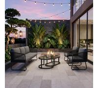 FENCHILIN Garden 5 Seater Sofa Set with 2 Chairs & Glass Nesting Tables in Grey FENCHILIN Grey