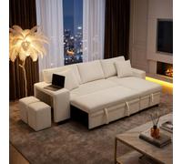 Fenchilin L-Shaped Pull Out Sofa Bed With Reversible Chaise Side Storage 2 Ottomans Beige